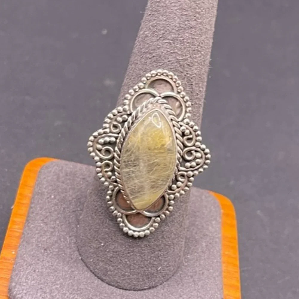 Vintage 925 Sterling Silver Rutilated Quartz Marquise Ring Size 8.75 Filigree